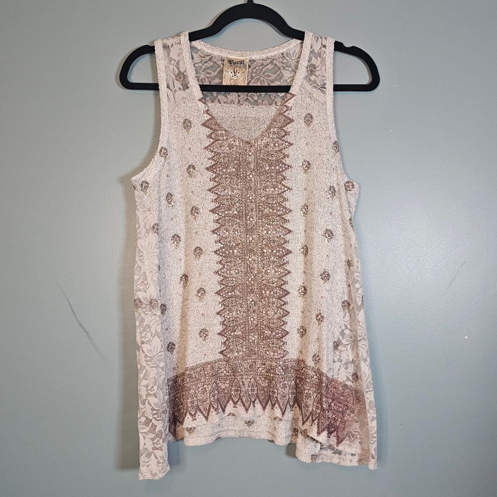 Vocal Rhinestone Embellished Lace Panel Tank Top Boho Western Cream Brown Small